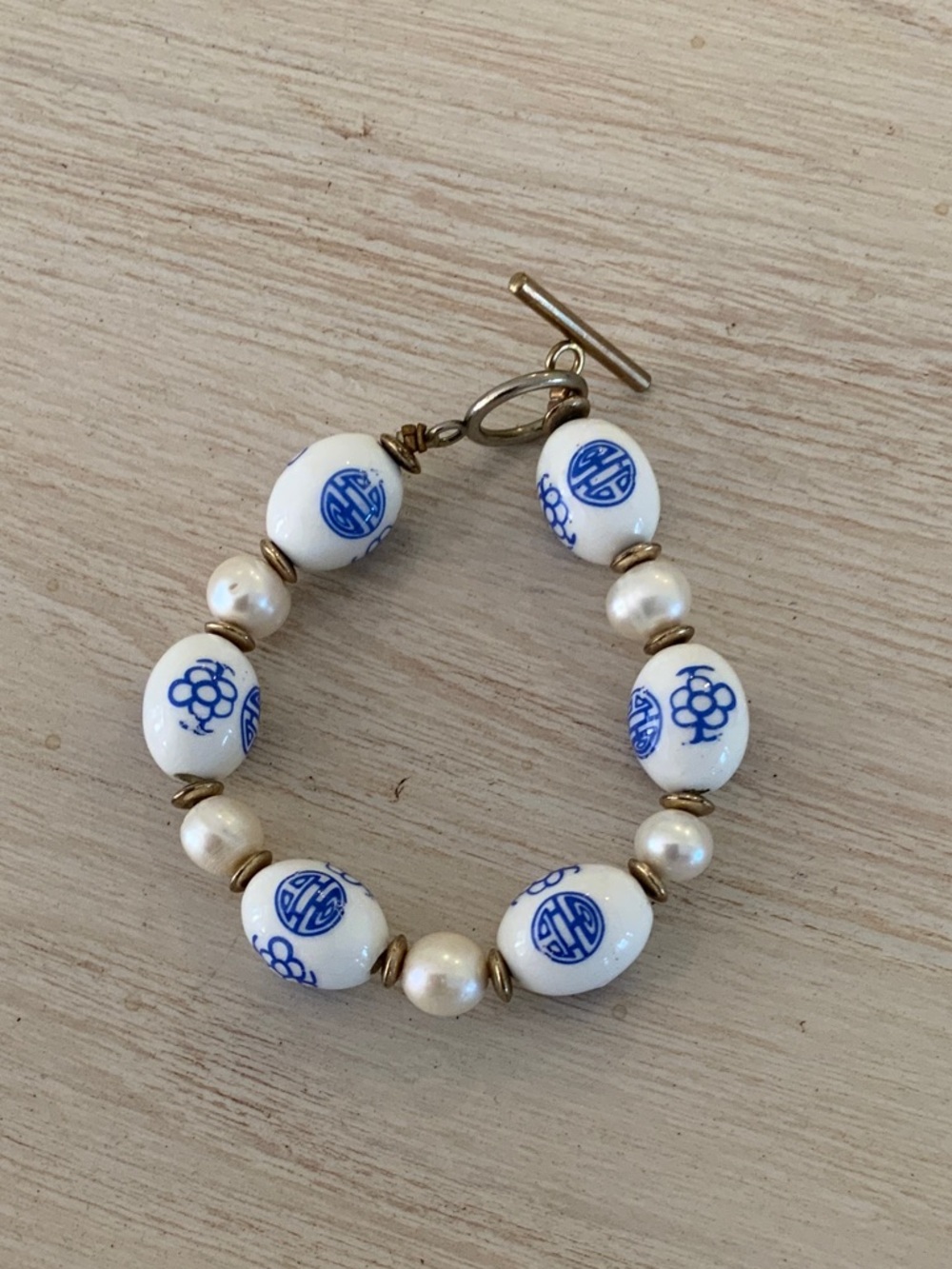 Blue and White Porcelain Bead Bracelet with Pearl Accents